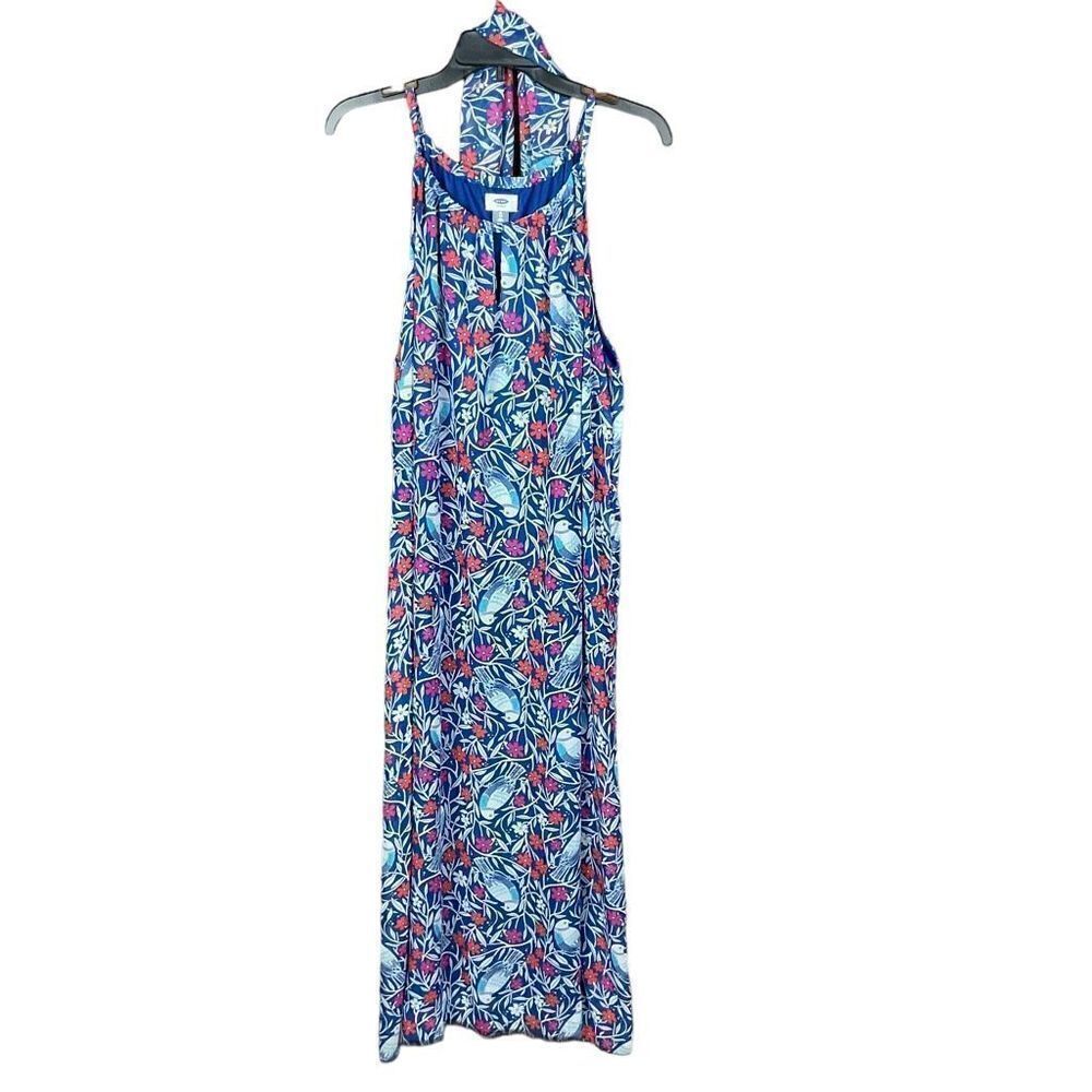 Old Navy Maxi Dress Halter Neck Blue White Bird Print Raw Edge Hem Lined XL